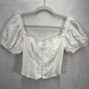 ASTR Linen Smocked Crop Top Womens Small Milkmaid Corsette Ruffle Edge Coastal